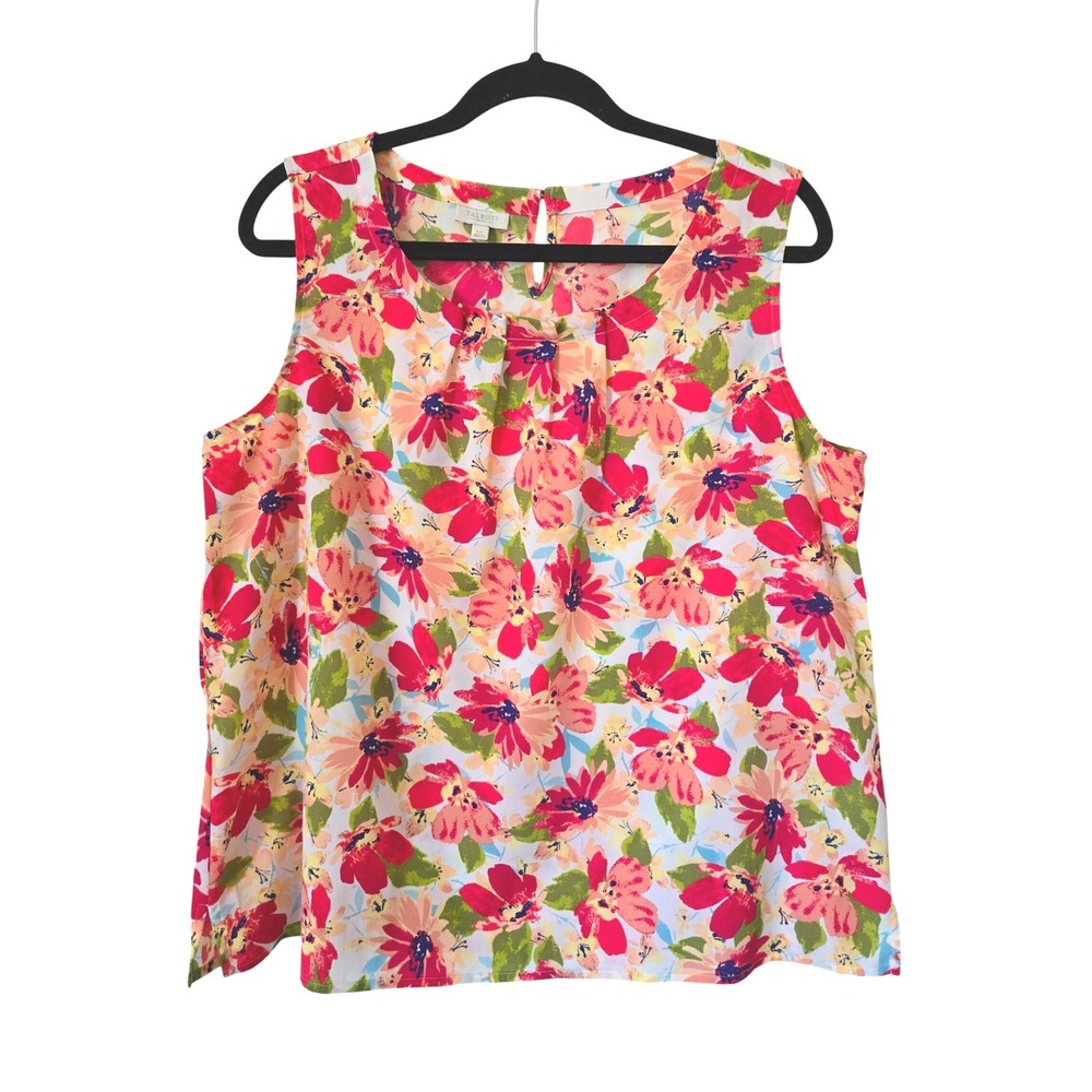 Talbots Large Petite Pink‎ Floral Sleeveless Pleated Neck Top Lightweight